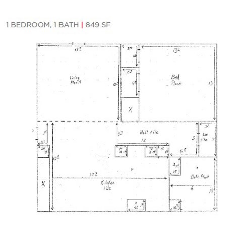A floor plan of a 1 bedroom, 1 bath apartment.